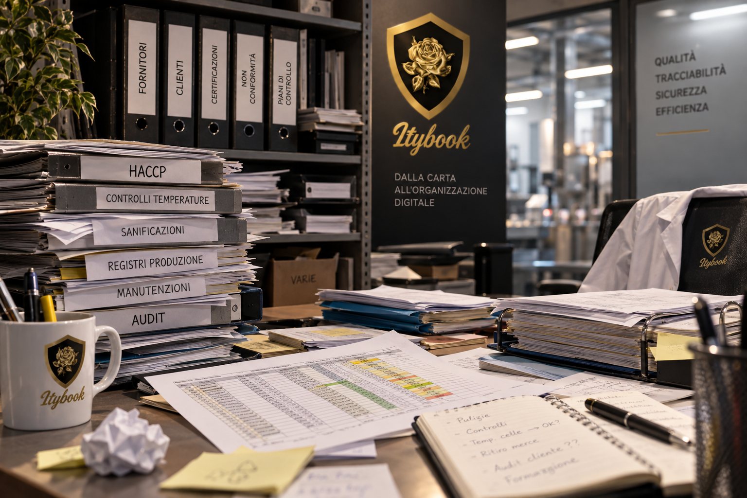 Scrivania di un ufficio qualità con raccoglitori, registri e fogli sparsi